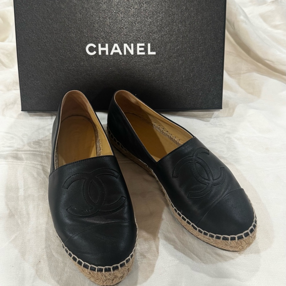 CHANEL Black Leather Espadrilles